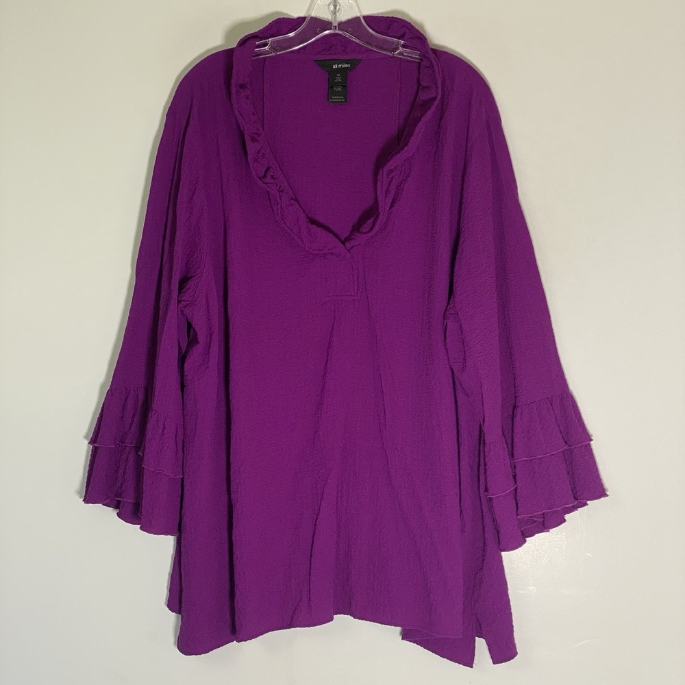 Ali Miles Top Womens 2X Purple Fuchsia Textured Ruffle Wired Collar Tunic Artsy